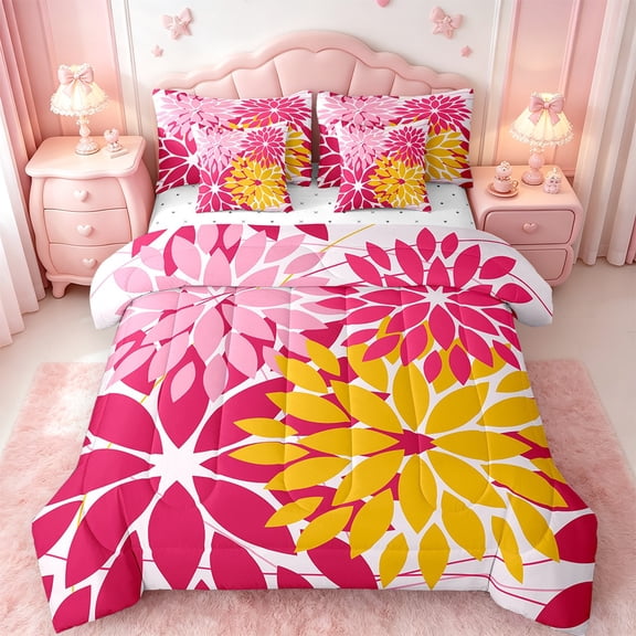 Manfei Flower Floral Bed in a Bag Twin Size,Boho Dahlia Bed Set,Pink Yellow Red Bedding Twin Size,Ultra Soft Bedroom Decoration,7 Pieces