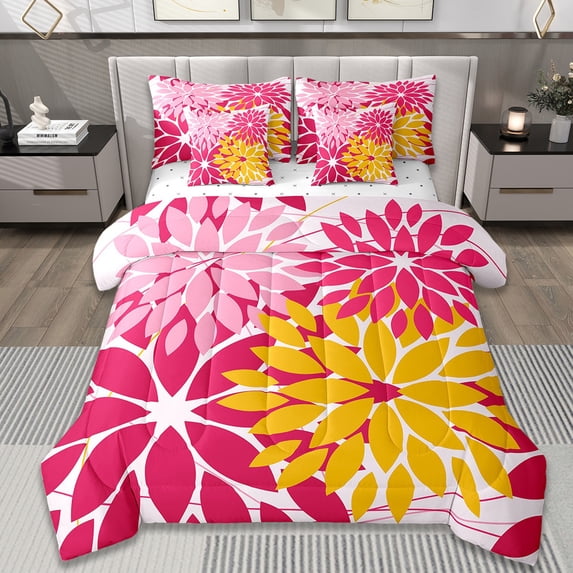 Manfei Flower Floral Bed in a Bag Twin Size,Boho Dahlia Bed Set,Pink Yellow Red Bedding Twin Size,Ultra Soft Bedroom Decoration,7 Pieces