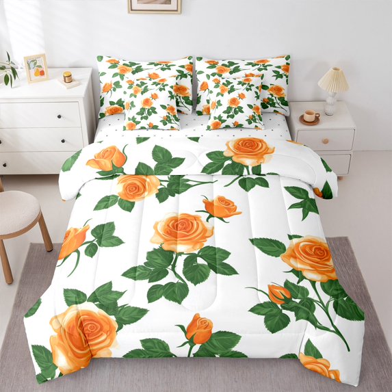 Manfei Flower Floral Bedding Comforter Set 7-Piece,Spring Graden King Bedding Sets,Orange Green White Bed Sheets For Girl,Super Cozy Room Decor,Reversible