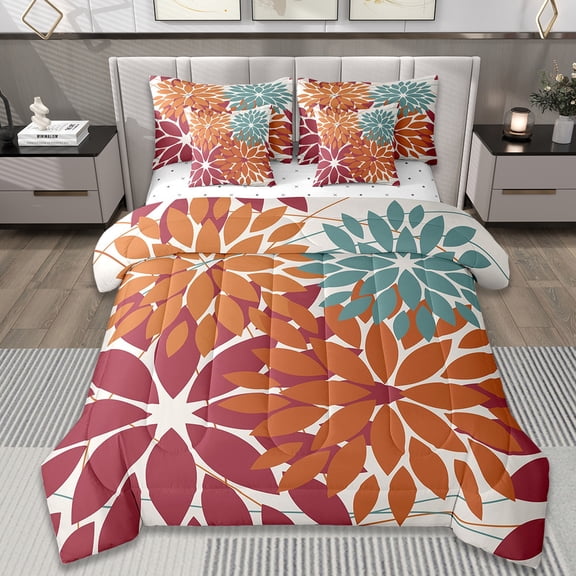 Manfei Flower Floral Bedding Sets Twin Size,Boho Dahlia Comforter Sets with Sheets,Red White Bed in a Bag Twin Size,Ultra Soft Bedroom Decoration,7-Piece
