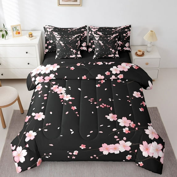 Manfei Flower Floral Bedding Sets Twin Size,Japanese Cherry Blossm Comforter Sets with Sheets,Pink Black Bed in a Bag Twin Size, Breathable Room Decor Reversible,7-Piece