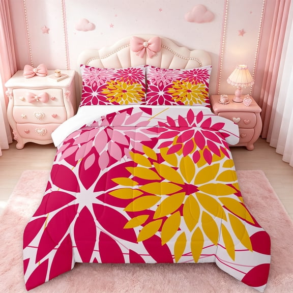 Manfei Flower Floral Bedding Twin Comforter Set,Boho Dahlia Down Comforter,Pink Yellow Red Bedding Sets Twin with Comforter,Ultra Soft Bedroom Decoration,2 Pieces