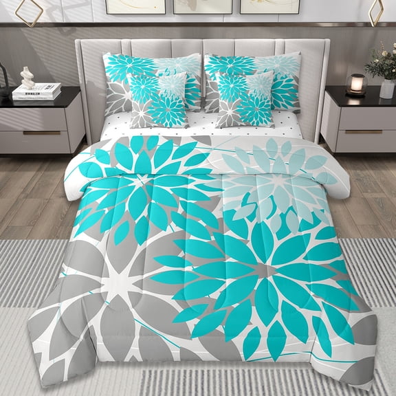 Manfei Flower Floral Bedding Twin Size,Boho Dahlia Comforter Sets with Sheets,Cyan Gray Bedding Sets Twin Size,Ultra Soft Bedroom Decoration,7pcs