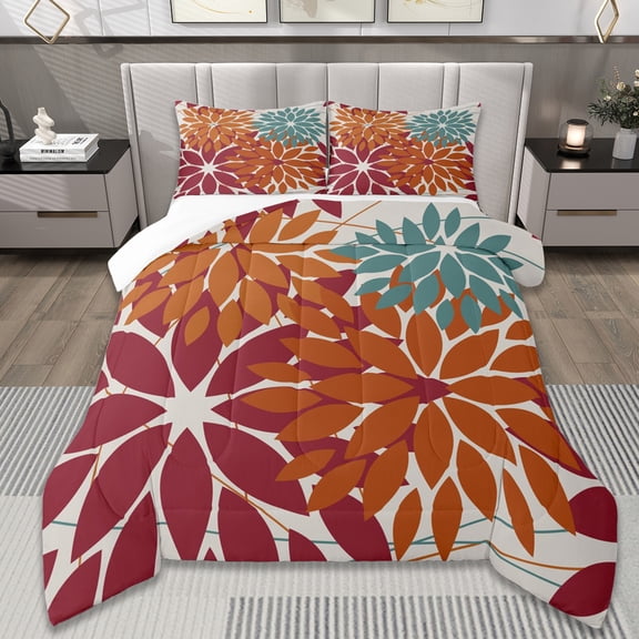 Manfei Flower Floral Comforter Sets Twin Size,Boho Dahlia Comforters & Duvets,Red White Bedding Twin Comforter Set,Ultra Soft Bedroom Decoration,2-Piece