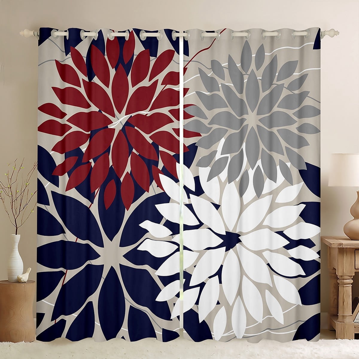 Manfei Flower Floral Curtains Pack of 2 (38x45),Boho Dahlia Black Out Curtains,Blue Gray White Curtains for Living Room,Ultra Soft Bedroom Decoration