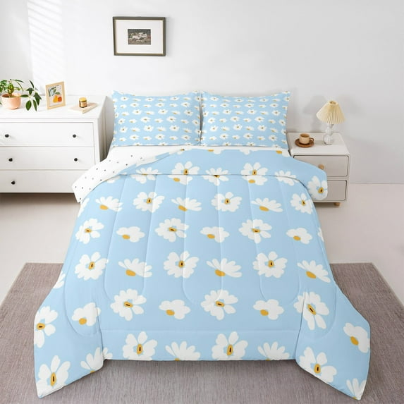 Manfei Flower Floral Daisy Bedding Queen Comforter Set,Minimalism Art Down Comforter,Blue White Bedding Sets Queen with Comforter,Ultra Soft Bedroom Decoration Reversible,3 Pieces
