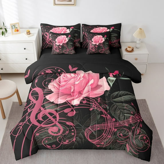 Manfei Flower Floral Rose Twin Bedding Sets 7-Piece,Music Melody Bedding Comforter Set 7-Piece,Pink Black Sheet Sets,Microfiber Bedroom Decoration Reversible