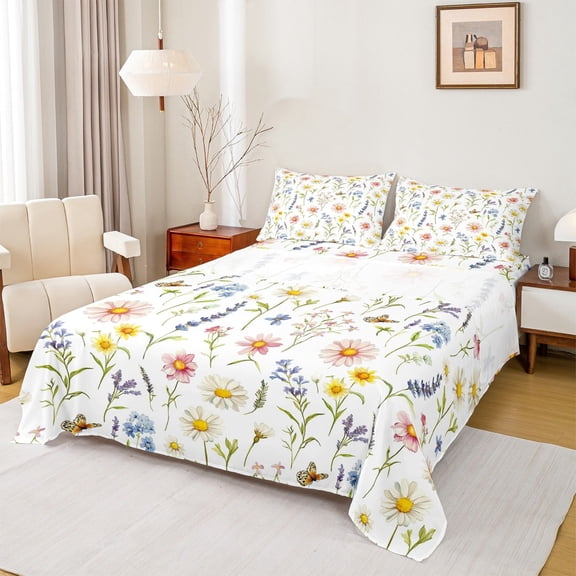 Manfei Flower Floral Sheet Set Full,Insect Animal Bedding Sets Full Size,Rustic Farmhouse Animal Full Sheet Sets,Lightweight Room Decorative,4-Piece