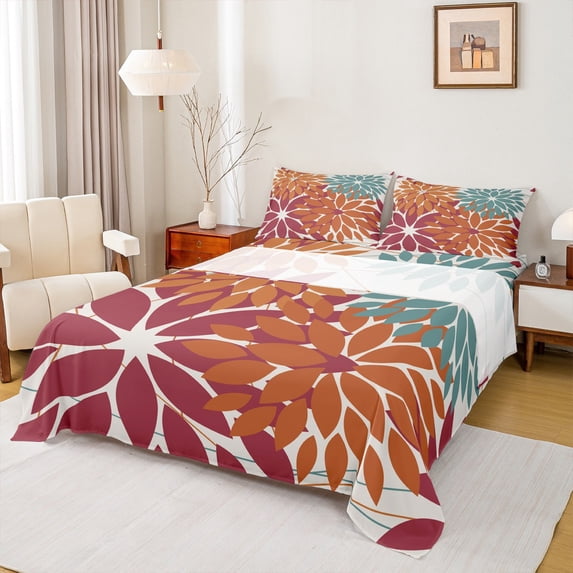 Manfei Flower Floral Sheet Set Queen,Boho Dahlia Bedding Sets Queen Size,Red White Queen Sheet Sets,Ultra Soft Bedroom Decoration,4-Piece