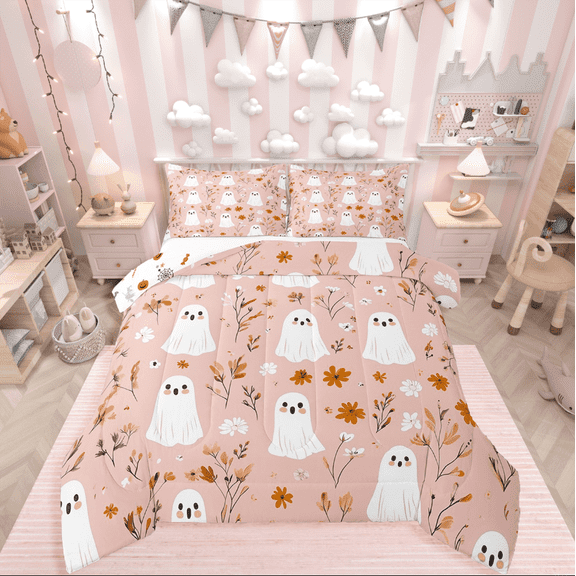 Manfei Flower Ghost Bedding Twin Comforter Set,Festival Theme Down Comforter,Pink White Bedding Sets Twin with Comforter,Super Cozy Halloween Bedroom Decorative,Reversible,2-Piece