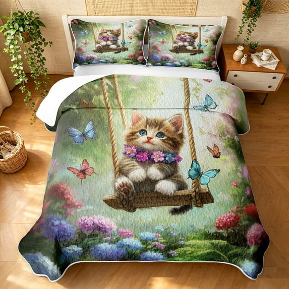 Manfei Flower Kitten Bed Spread Queen, Forest Hydrangea Butterfly Queen Coverlet Set, Green, 3 Pieces, 1 Quilt and 2 Pillowcases