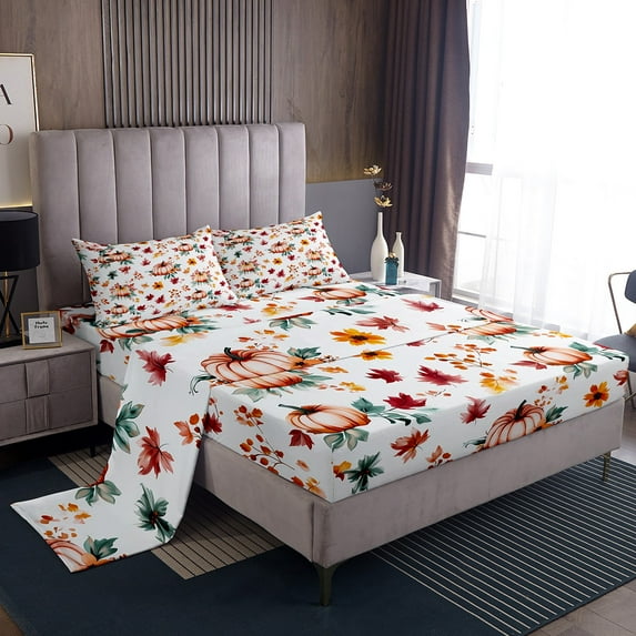 Manfei Flower Pumpkin Bed Sheets Set Queen Size,Botanical Plants Bedding Sets Queen Size,Thanksgiving Day Bed Sheets Queen,Microfiber Festival Room Decor,4 Pieces