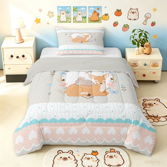 Manfei Flower Rabbit Elk Twin Comforter Sets, Kawaii Cartoon Bedding Set, Gray Pink, Gray Reversible, 2-Piece, 1 Comforter and 1 Pillowcase