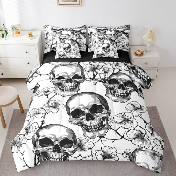 Manfei Flower Skull 7-Piece Bedding Comforter Set,Gothic Style King Bedding Sets,Happy Halloween Ultra Soft Bed Sheets,Breathable Exotic Room Decoration,Reversible
