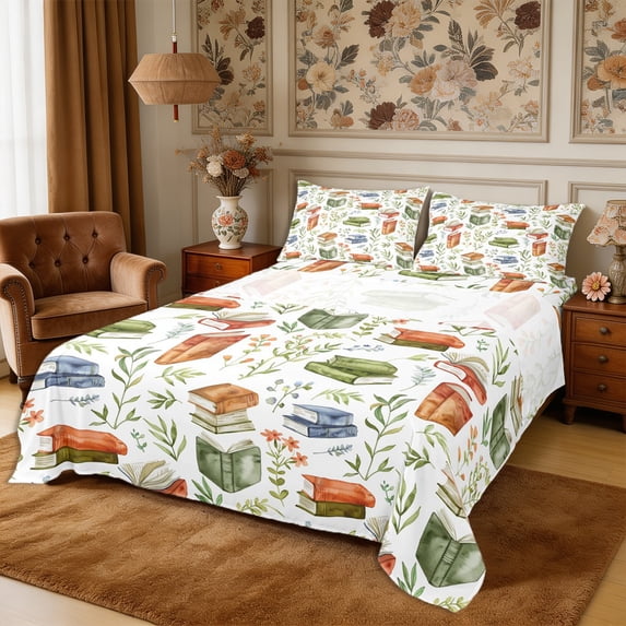 Manfei Flowers Books Queen Sheets 4 Pieces,Watercolor Botanical Queen Sheet Sets,1 Flat Sheet,1 Fitted Sheet and 2 Pillowcases