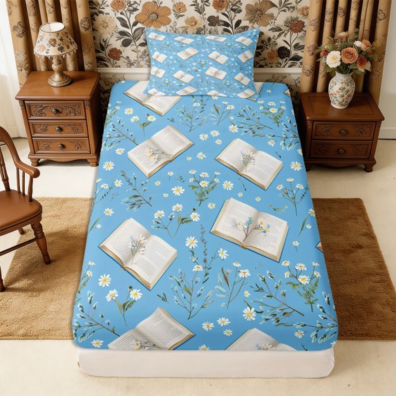 Manfei Flowers Books Twin Fitted Sheet 2 Pieces,Kawaii Daisy Bedding,1 Fitted Sheet and 1 Pillowcase