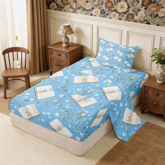 Manfei Flowers Books Twin Sheets 3pcs,Kawaii Daisy Bedding,1 Flat Sheet,1 Fitted Sheet and 1 Pillowcase