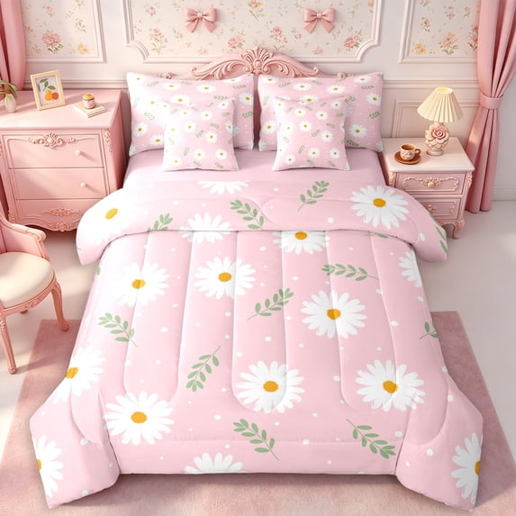 Manfei Flowers Daisy 7-Piece Twin Bedding,Spring Garden Bedding Comforter Set,Reversible