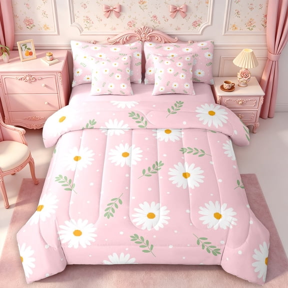 Manfei Flowers Daisy King Bedding 7pcs,Spring Garden King Bed in a Bag,Reversible
