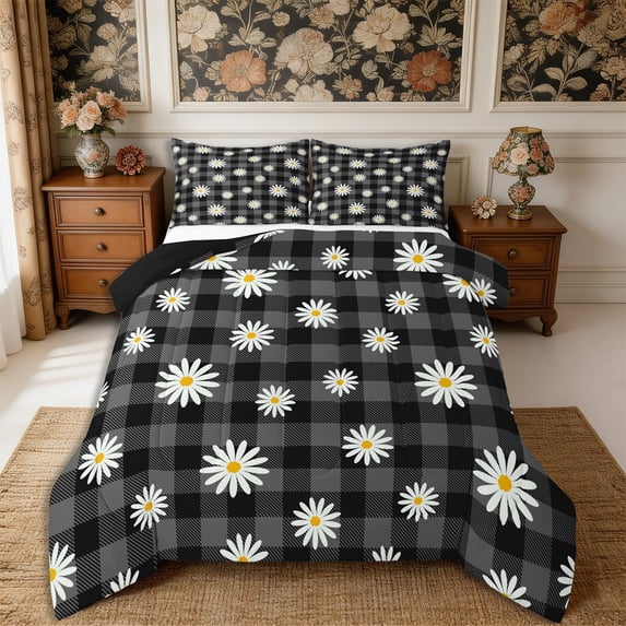 Manfei Flowers Daisy Queen Comforter Set 3 Pieces,Minimalist Checkered Comforter Sets Queen,1 Comforter and 2 Pillowcases,Reversible