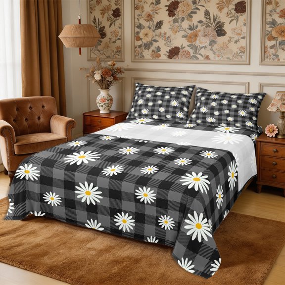 Manfei Flowers Daisy Queen Sheets 4 Pieces,Minimalist Checkered Queen Sheet Sets,1 Flat Sheet,1 Fitted Sheet and 2 Pillowcases