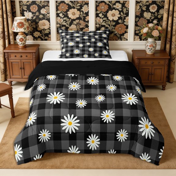 Manfei Flowers Daisy Twin Comforter Sets 2pcs,Minimalist Checkered Bedding Set,1 Comforter and 1 Pillowcase,Reversible