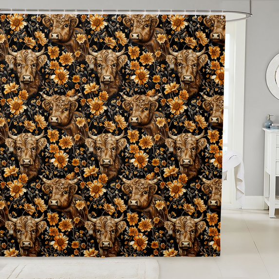 Manfei Flowers Highland Cattle Shower Curtain 72Wx72L,Retro Floral Animal Bathroom Curtain,Black Brown