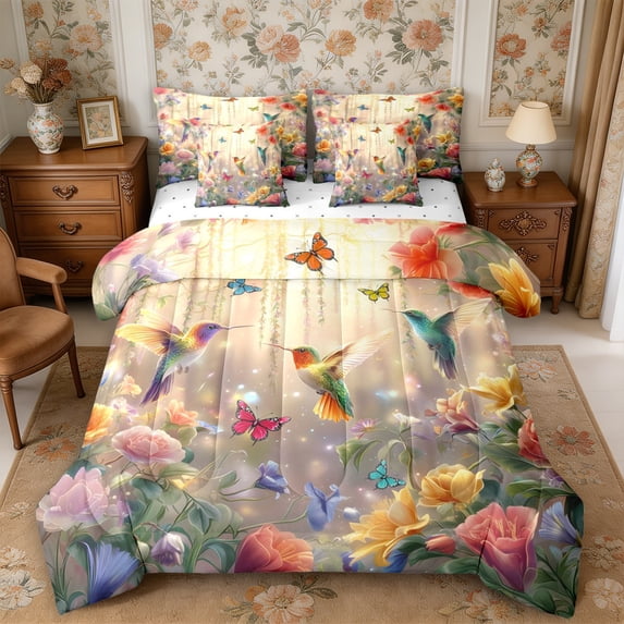 Manfei Flowers Hummingbird 7-Piece Twin Bedding,Spring Garden Bedding Comforter Set,Reversible