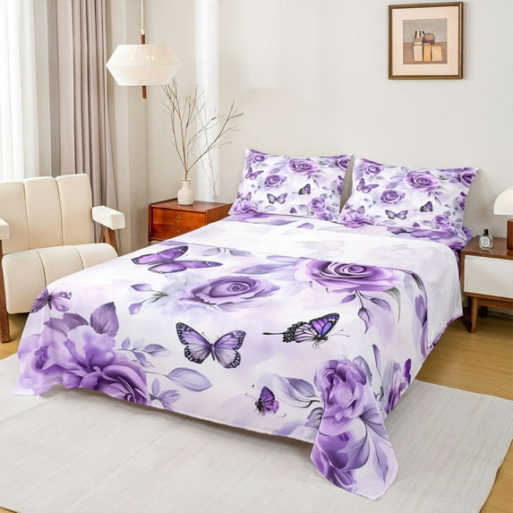 Manfei Flying Animal Full Size Sheets,Rustic Butterflies Bed Sheets,Purple Flower Floral Sheet Sets For Teens,Microfiber Bedroom Decor,4pcs