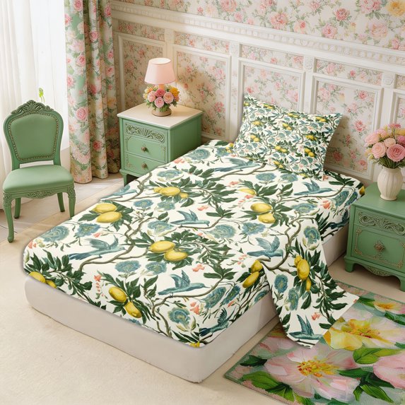 Manfei Flying Bird Twin Sheets 3pcs,Retro Floral Lemon Bedding,1 Flat Sheet,1 Fitted Sheet and 1 Pillowcase