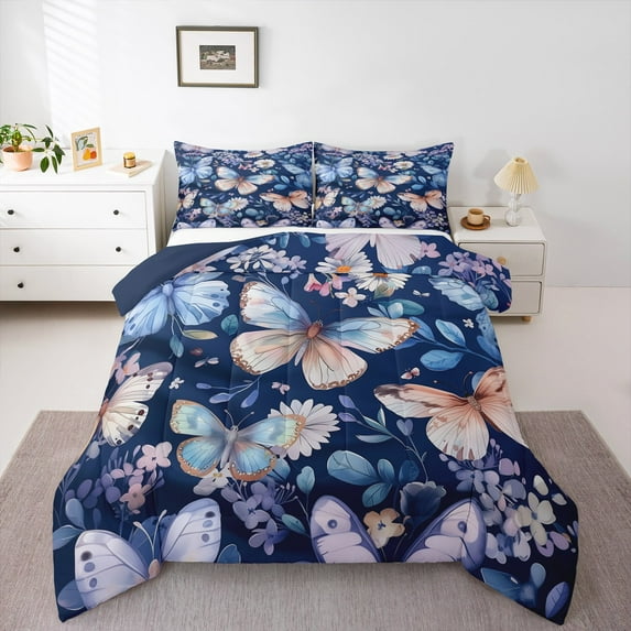 Manfei Flying Butterflies 3 Pieces Queen Comforter Set,Purple Blue Ultra Soft Bedding Sets,Floral Flower Bedding Comforter Set,Luxury Girls Bedroom Decor,Reversible