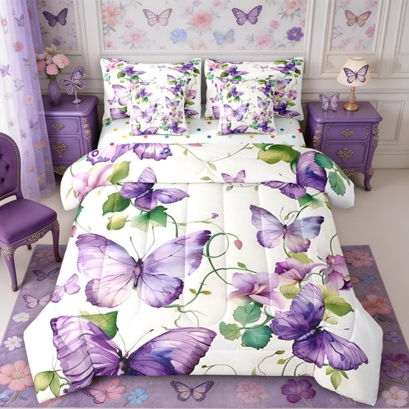 Manfei Flying Butterflies 7-Piece Twin Bedding,Spring Garden Bedding Comforter Set,Reversible