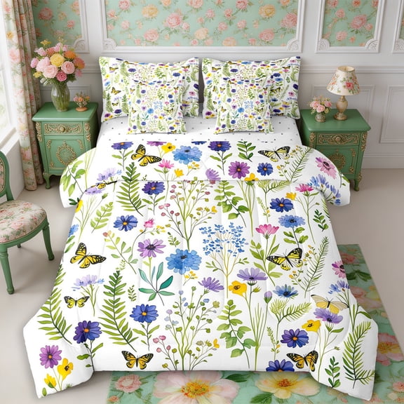 Manfei Flying Butterflies Full Size Bedding Sets 7 Pieces,Spring Garden Full Size Bed in a Bag,Reversible