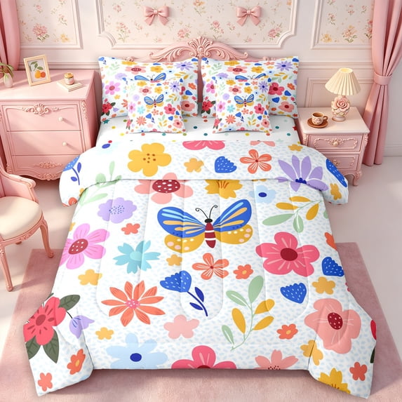 Manfei Flying Butterflies Queen Bedding 7pcs,Spring Garden Bedding Comforter Set Queen,Reversible