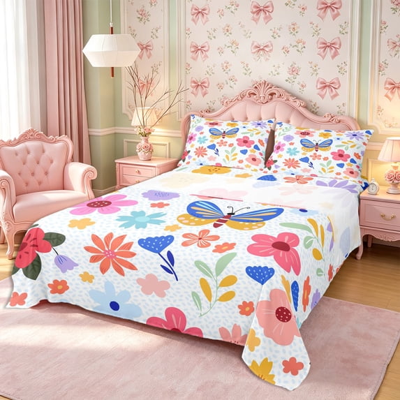 Manfei Flying Butterflies Queen Sheets 4 Pieces,Spring Garden Queen Sheet Sets,1 Flat Sheet,1 Fitted Sheet and 2 Pillowcases