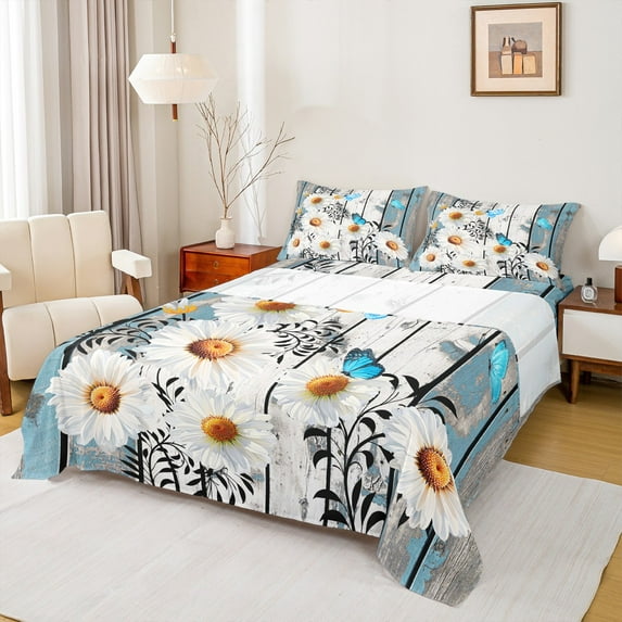 Manfei Flying Butterfly 4-Piece Full Size Sheets,Floral Daisy Bed Sheets,Lodge Cabin Lightweight Sheet Sets,Flower Room Decoration
