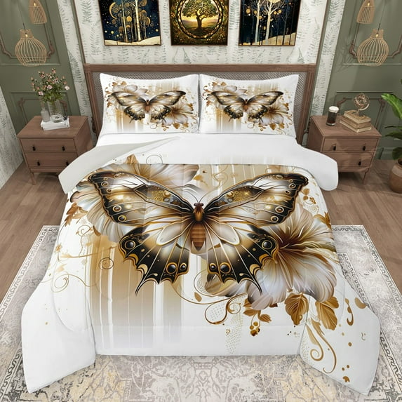 Manfei Flying Butterfly Bedding Comforter Set 2pcs for Female Men,Vintage Aesthetic Twin Comforter Sets Microfiber,Chic Floral Flowers Breathable Bedding Set,Breathable Home Decor,Reversible