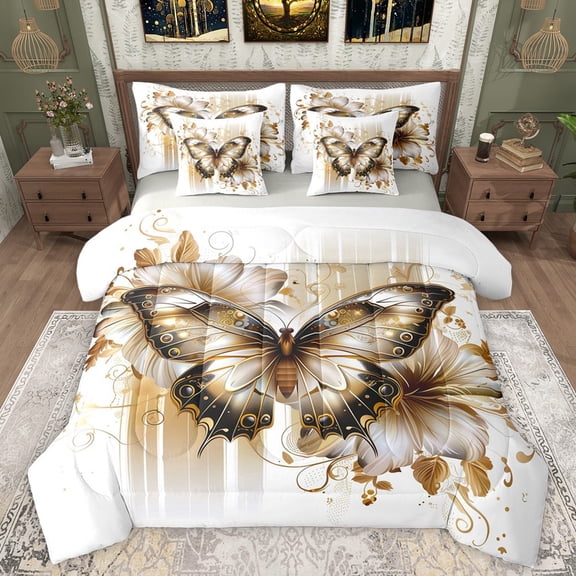 Manfei Flying Butterfly Bedding Comforter Set 7pcs for Female Men,Vintage Aesthetic Queen Bedding Sets Super Cozy,Chic Floral Flowers Queen Sheet Sets,Breathable Home Decor,Reversible