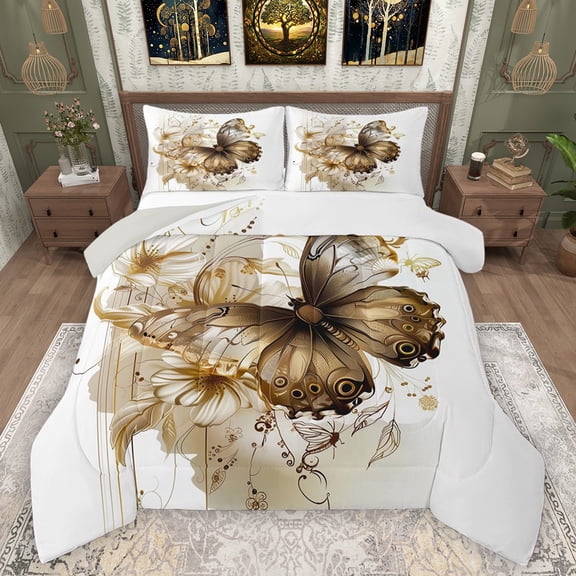 Manfei Flying Butterfly Full Size Comforter Sets 3-Piece for Teens Adults,Chic Flowers Bedding Comforter Set,Exotic Style Lightweight Bedding Sets,Microfiber Bedroom Decor,Reversible