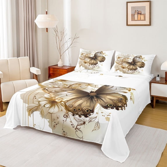 Manfei Flying Butterfly Full Size Sheets 4-Piece for Teens Adults,Chic Flowers Breathable Bed Sheets,Exotic Style Lightweight Sheet Sets,Microfiber Bedroom Decor