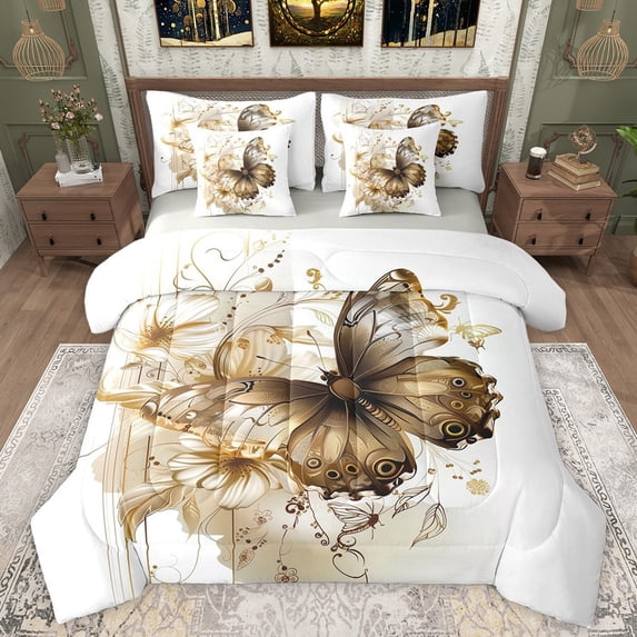 Manfei Flying Butterfly Twin Bedding Sets 7-Piece for Teens Adults,Chic Flowers Bedding Comforter Set Microfiber,Exotic Style Breathable Sheet Sets,Microfiber Bedroom Decor,Reversible