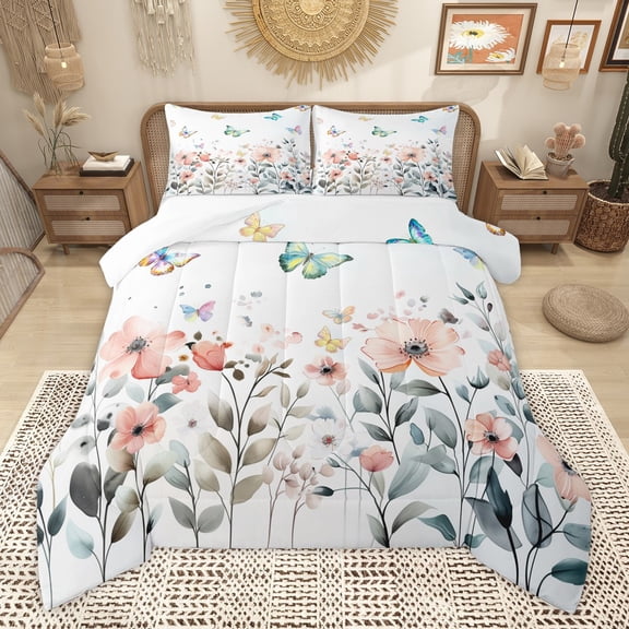 Manfei Flying Gradient Butterflies 2pcs Bedding Comforter Set for Girls Female Teens,Chic Pink Flowers Twin Comforter Sets,Spring Graden Breathable Bedding Set,Luxury Bedroom Decor