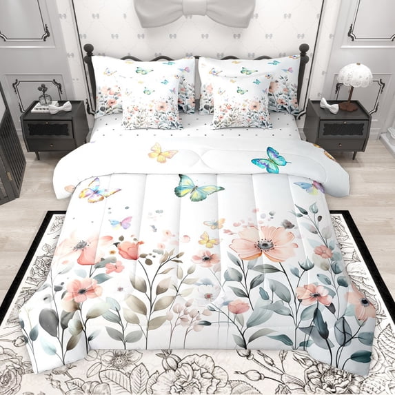 Manfei Flying Gradient Butterflies 7-Piece Bedding Comforter Set for Girls Female Teens,Chic Pink Flowers King Bedding Sets,Spring Graden Ultra Soft Bed Sheets,Luxury Bedroom Decor