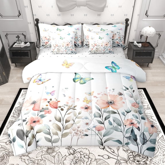 Manfei Flying Gradient Butterflies 7-Piece Twin Bedding Sets for Girls Female Teens,Chic Pink Flowers Bedding Comforter Set,Spring Graden Breathable Sheet Sets,Luxury Bedroom Decor