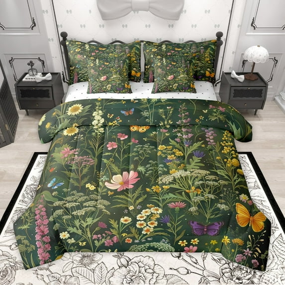 Manfei Flying Gradient Butterflies 7 Pieces Bedding Comforter Set for Girls Female Teens,Chic Flowers Full Bedding Set Lightweight,Spring Graden Fitted Sheet Flat Sheet,Luxury Bedroom Decor