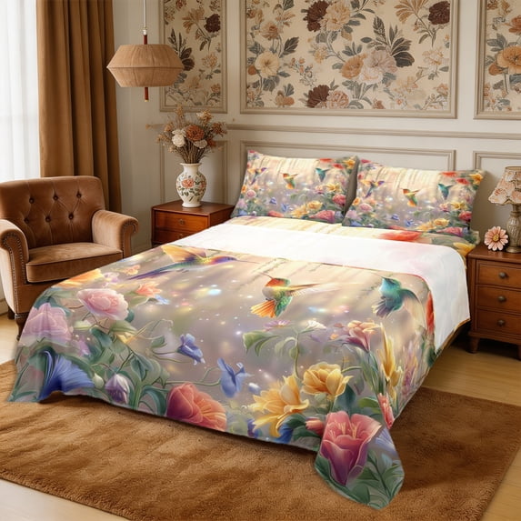 Manfei Flying Hummingbird Bed Sheets 4-Piece,Floral Animal Full Size Sheets,1 Flat Sheet,1 Fitted Sheet and 2 Pillowcases