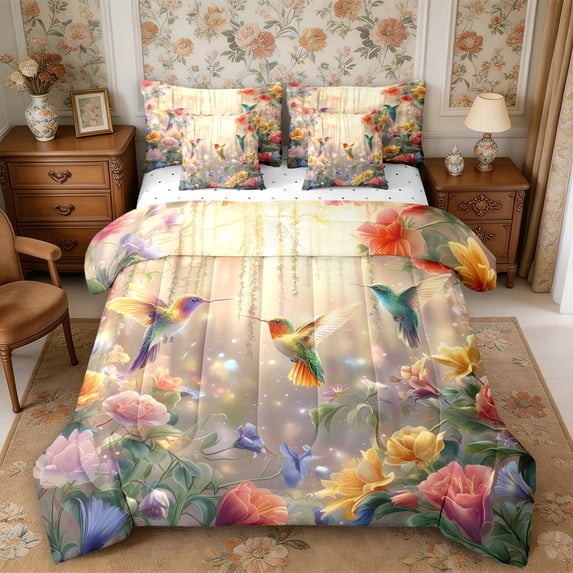 Manfei Flying Hummingbird Full Size Bedding Sets 7 Pieces,Floral Animal Full Size Bed in a Bag,Reversible