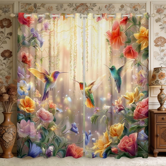 Manfei Flying Hummingbird Kitchen Curtains,Floral Animal Black Out Curtains Pack of 2 (42x63 Each)