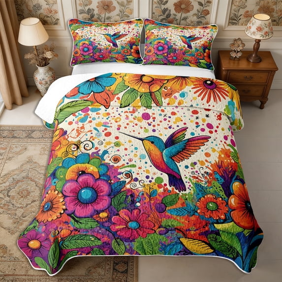 Manfei Flying Hummingbird Quilt King 3 Pieces,Colorful Flowers King Coverlet Set,1 Bedspread and 2 Pillowcases