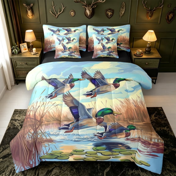 Manfei Flying Mallard Duck 7-Piece Twin Bedding,Farmhouse Bird Bedding Comforter Set,Black Reversible